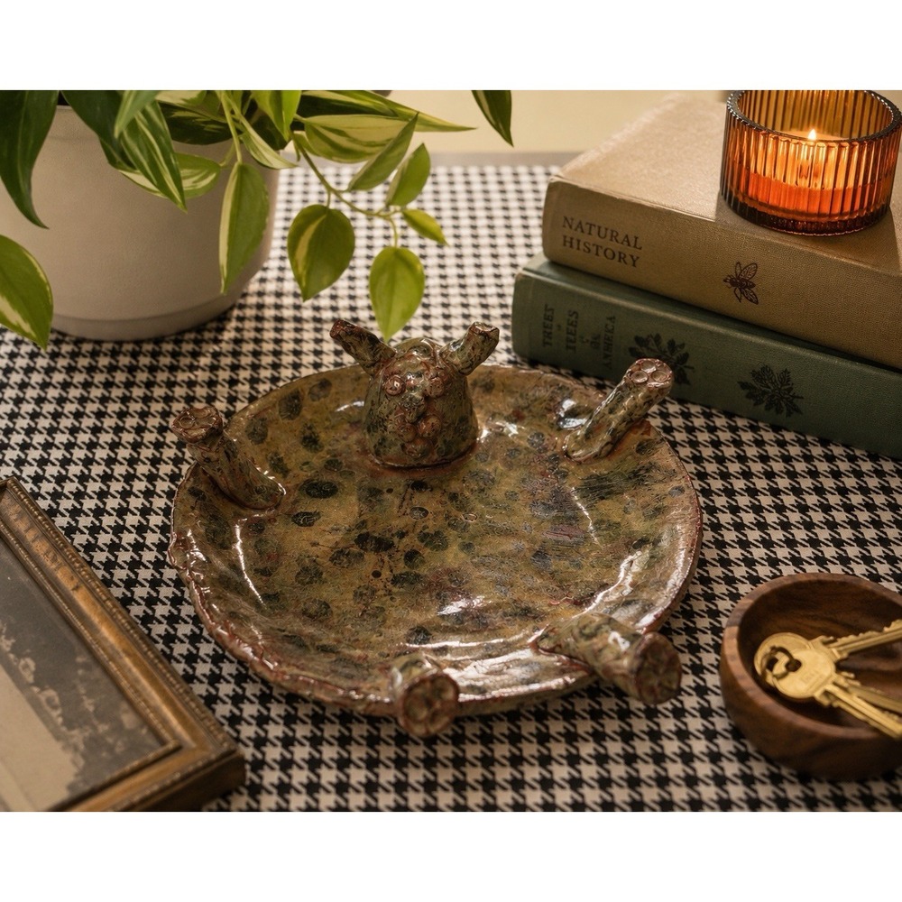 Handmade Folk Art Pottery Pig? Dish / Primitive Whimsical‎ Ceramic Tray VTG Odd